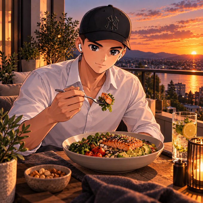 An anime-style illustration of a young man wearing a NY Yankees baseball cap and earbuds, eating a salad with salmon at a table with a scenic sunset ocean view in the background.