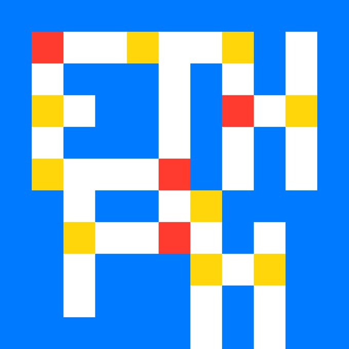 A pixelated graphic design on a bright blue background featuring an abstract pattern made of white, yellow, and red squares.