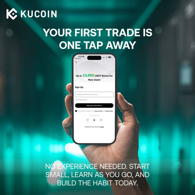 The image is a KuCoin advertisement featuring a hand holding a smartphone displaying a sign-up screen offering "Up to 10,650 USDT Bonus for New Users," with the tagline "YOUR FIRST TRADE IS ONE TAP AWAY" and "NO EXPERIENCE NEEDED. START SMALL, LEARN AS YOU GO, AND BUILD THE HABIT TODAY." The ad supports the post's message by highlighting an exclusive new-user bonus and emphasizing easy onboarding for first-time traders.
