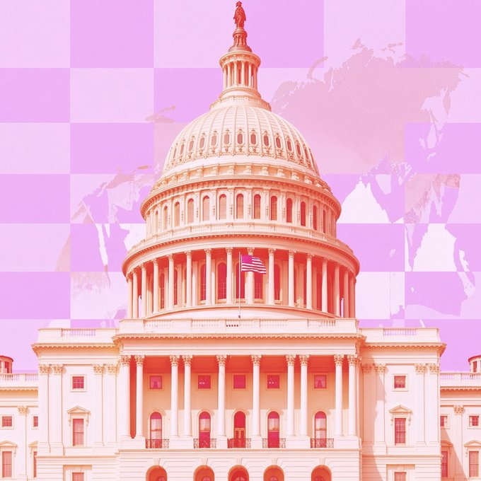 An illustration of the US Capitol building dome tinted in pink and orange hues, set against a pink checkered background with a faded world map.
