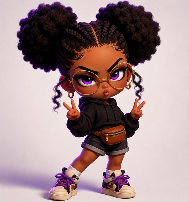 A stylized cartoon character with purple-tinted afro puffs, gold glasses, and a black hoodie throws up peace signs while posing confidently. The image pairs with the "Happy New Month" greeting to celebrate a fresh, stylish start to July.
