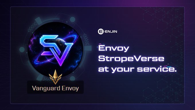 Digital graphic from Enjin showing a glowing 'SV' logo labeled 'Vanguard Envoy' alongside the text 'Envoy StropeVerse at your service.'