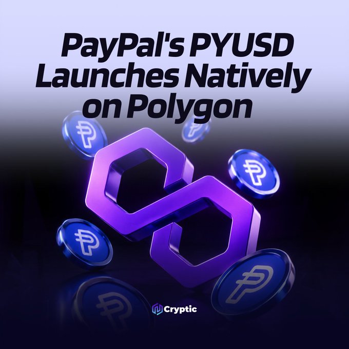 PayPal's PYUSD stablecoin has launched natively on Polygon, as highlighted by the image featuring the Polygon logo and PYUSD coins. The text "PayPal's PYUSD Launches Natively on Polygon" confirms this integration.