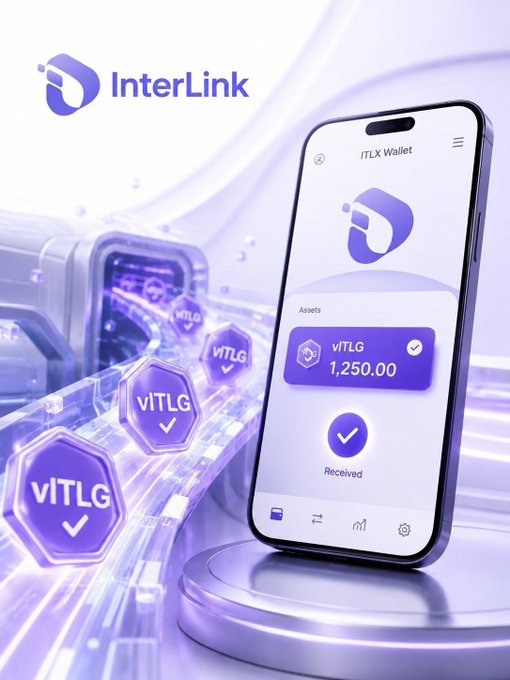 A promotional graphic for 'InterLink' showing a smartphone displaying an 'ITLX Wallet' with a 'VITLG' asset balance of 1,250.00, accompanied by floating hexagonal VITLG tokens.