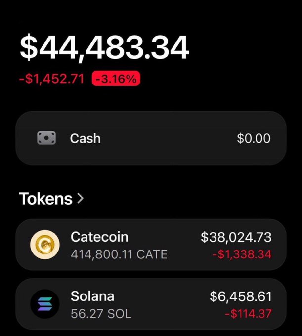 A cryptocurrency portfolio screenshot showing a total balance of $44,483.34, down $1,452.71 (-3.16%), with holdings in Catecoin ($38,024.73) and Solana ($6,458.61), illustrating the "$35,000 from $CATE" earnings referenced in the giveaway post.