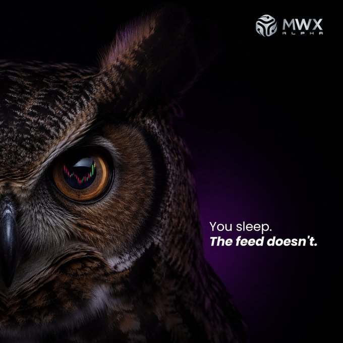 MWX Alpha promotional graphic featuring a close-up of an owl's eye containing a candlestick chart, with the tagline 'You sleep. The feed doesn't.'