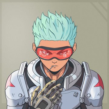 A digital illustration of a character with spiky light blue hair, red glowing visor glasses, and a white and red futuristic suit, holding a gloved hand near their chin.