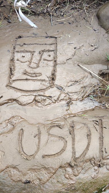 A carved mud sculpture featuring a simple face drawing and the letters 'USDT' scratched into the wet earth, likely referencing the Tether stablecoin.