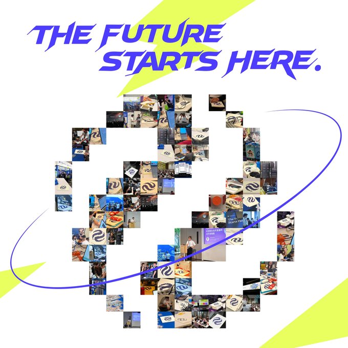 A promotional graphic with the headline 'THE FUTURE STARTS HERE.' in purple text features a circular arrangement of small photos and a purple swoosh on a white and yellow background.