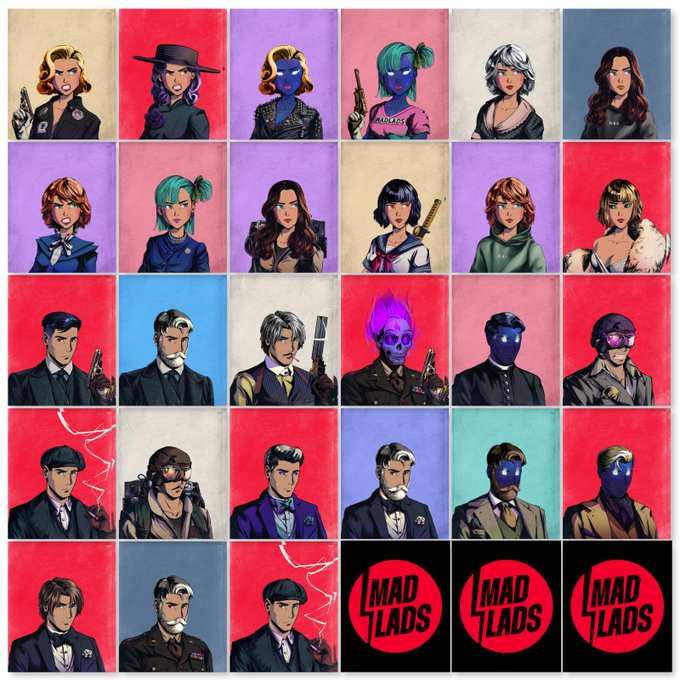 A grid of 27 illustrated portrait cards featuring diverse stylized characters with various outfits, hair colors, and accessories (including masks, weapons, and purple flame effects) against colorful backgrounds, with three bottom-right cards displaying the "MAD LADS" logo, matching the post's update about a Mad Lads NFT collection while humorously highlighting the abundance of red background tiles.