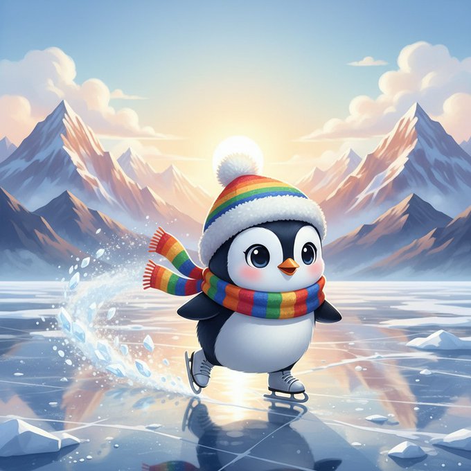A 3D-rendered cute penguin wearing a rainbow-striped winter hat and scarf, ice skating on a frozen lake with snow-capped mountains in the background.