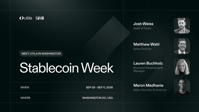 Event graphic titled 'Stablecoin Week' by utila and PRNI, scheduled for Sep 09 - Sep 11, 2026 in Washington DC, USA, featuring headshots of sales team members Josh Weiss, Matthew Wahl, Lauren Buchholz, and Meron Medhanie.