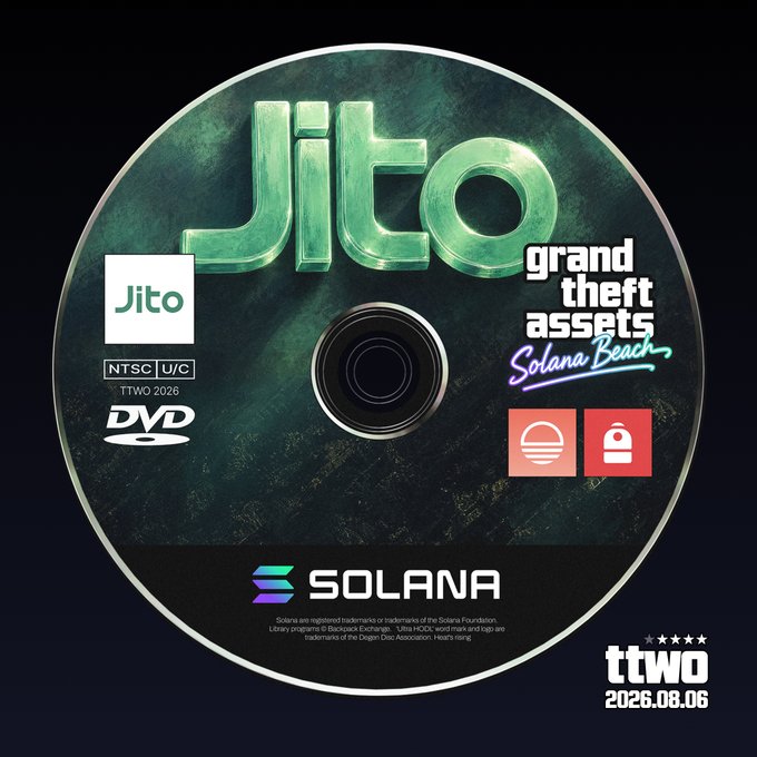 A promotional graphic styled as a DVD disc featuring 'Jito grand theft assets Solana Beach' with a Solana logo and date 'ttwo 2026.08.06'.