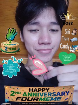 A young man smiles while pointing to his cheek, surrounded by colorful "Happy 2nd Anniversary Four" graphics, cake and footprint icons, and character emojis representing "Sill, Tharo, and Candy," celebrating the 2-year anniversary of the Four Meme community. The festive overlay with the hashtag #HappyBDayFour and mention of @fourdotmemezh ties directly to the post commemorating the group's birthday milestone.