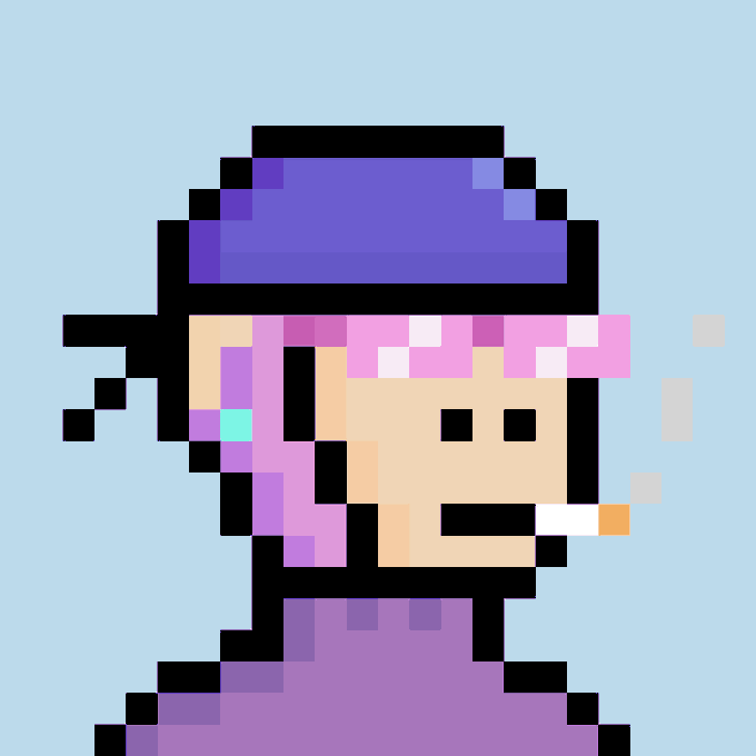 A pixel art portrait depicts a character with pink hair, a purple beanie, and a cigarette in their mouth against a light blue background.