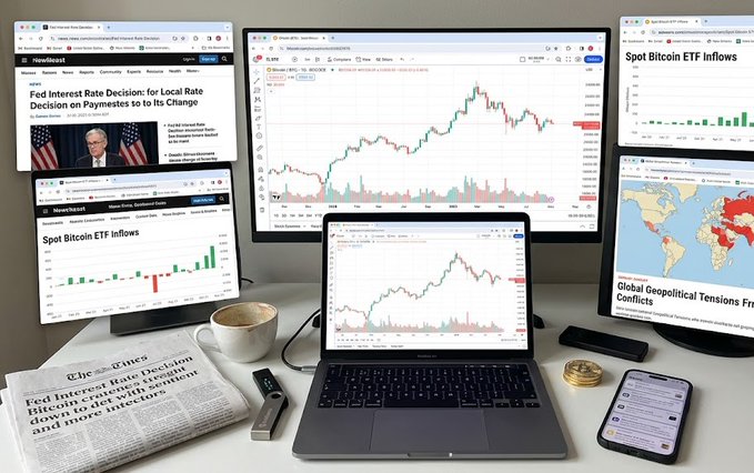A multi-monitor financial workspace displays Fed interest rate decision headlines, Spot Bitcoin ETF inflows charts, and global geopolitical tensions maps, with a newspaper headline echoing "Fed Interest Rate Decision Bitcoin to modestly..." resting beside a MacBook showing BTC/USD price action. The cluttered desk—complete with a coffee mug, crypto wallet, and smartphone—visually captures the post's theme of monitoring overlapping Fed policy, ETF flows, and geopolitical catalysts as the dominant market drivers heading into the week.