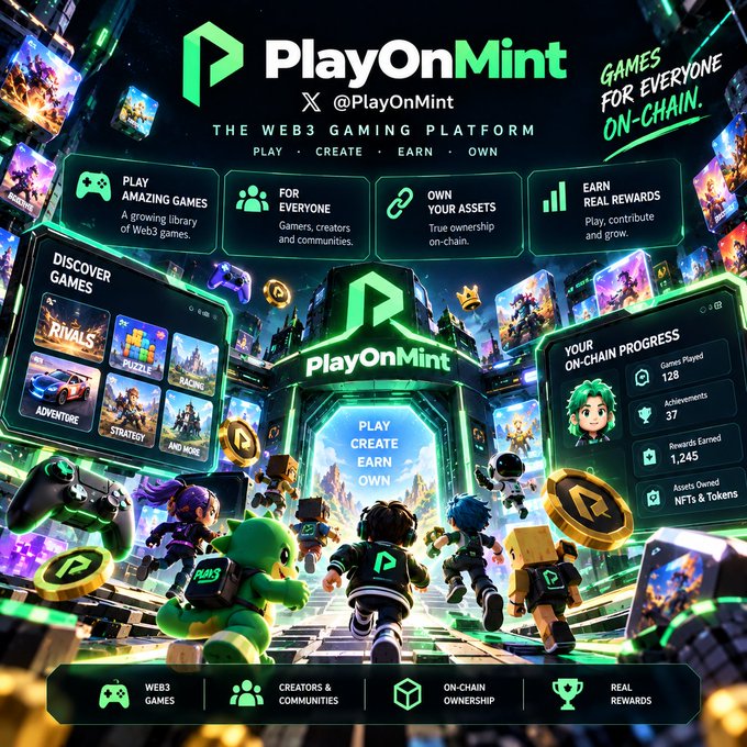 The image is a promotional graphic for PlayOnMint, featuring the tagline "Games for Everyone On-Chain" and showcasing the Web3 gaming platform with features like "Play Amazing Games," "Earn Real Rewards," and "Own Your Assets," along with a "Discover Games" section and an "On-Chain Progress" dashboard displaying stats (37 Achievements, 1,245 Rewards Earned). The accompanying post highlights how PlayOnMint ($MINT/$MNTD) integrates gameplay, XP, and assets into a unified progression ecosystem, aligning with the image's emphasis on connecting games, communities, and on-chain ownership.