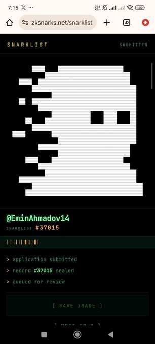 A mobile browser screenshot shows a pixel art ghost graphic on a webpage titled 'SNARKLIST' with text '@EminAhmadov14', 'SNARKLIST #37015', and status messages including '> application submitted' and '> queued for review'.