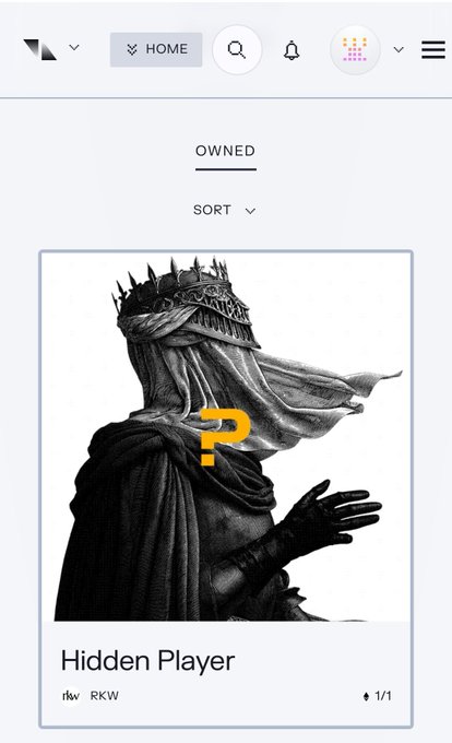 A mobile app screenshot showing an NFT or digital collectible item titled "Hidden Player" by "RKW", featuring a black and white illustration of a cloaked figure with a crown and a yellow "?" symbol covering the face.