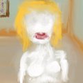 A low-resolution image shows a figure that appears to have yellow hair and white body paint or clothing.