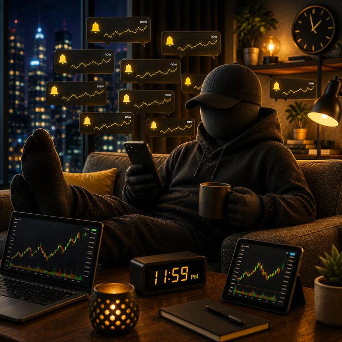 A hooded figure relaxes in a dimly lit apartment at night, holding a coffee mug while surrounded by a laptop and tablet displaying candlestick charts, a digital clock reading "11:59 PM," and multiple floating notification bubbles with alert bells—capturing a quiet PM routine of late-night market monitoring and trading activity.