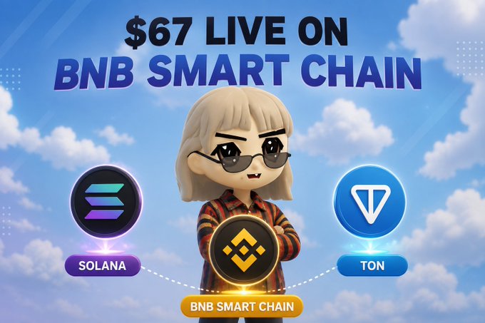 Promotional graphic featuring a 3D anime-style character with sunglasses, advertising '$67 LIVE ON BNB SMART CHAIN' with logos for Solana, BNB Smart Chain, and TON.