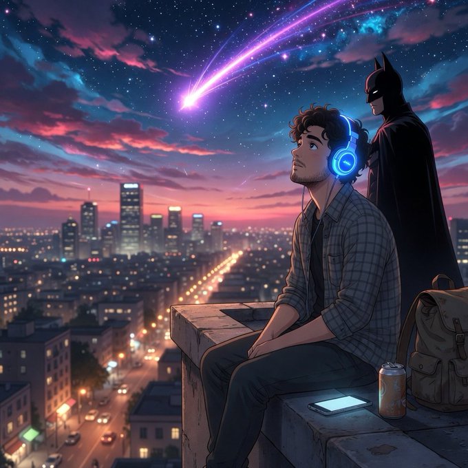 The image features two people, one wearing headphones and another with a backpack, sitting together at an elevated position overlooking a city skyline under a starry night sky. The scene suggests that they are enjoying their time together while appreciating the beauty of the city lights below them.