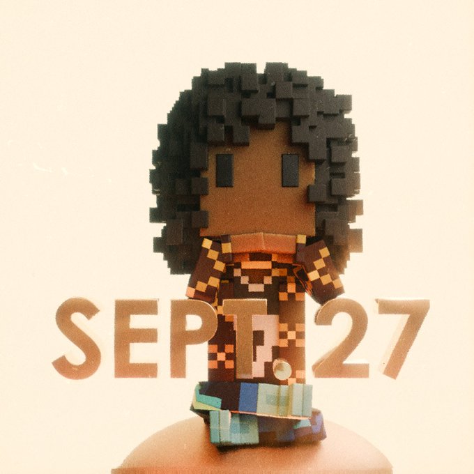 A 3D pixel-art figure of a character with dark hair, standing above the date 'SEPT 27'.