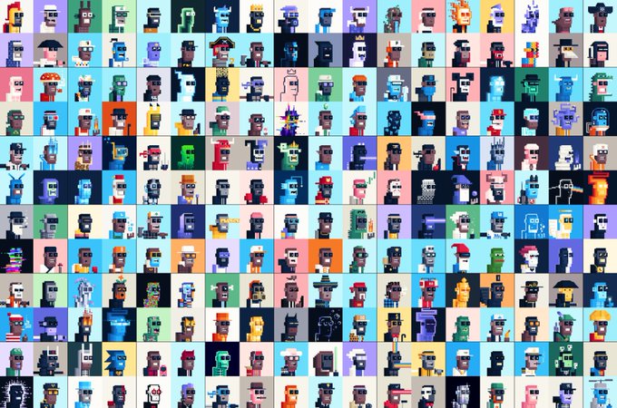 A grid of pixelated, blocky characters resembling CryptoPunks-style NFTs, each with unique features like hats, hairstyles, and accessories set against pastel backgrounds. The image relates to the "ART >" post by showcasing a collection of generative digital character art.