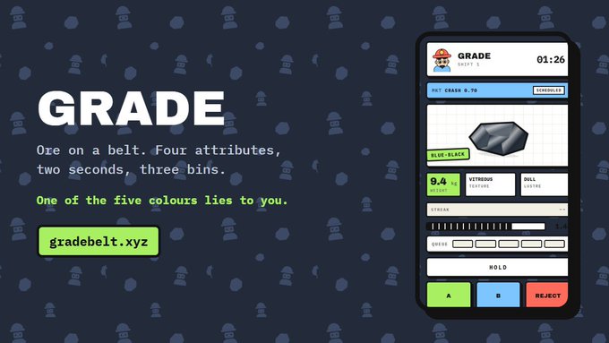 A promotional image for 'GRADE' at gradebelt.xyz, describing an ore grading game with four attributes, featuring a phone interface displaying a 'BLUE-BLACK' ore with 9.4 score.