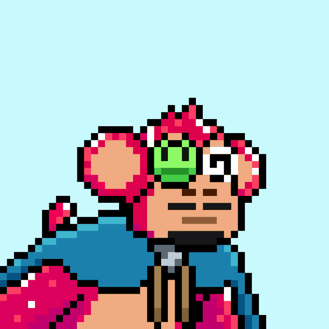 A pixel art illustration of a character with large pointed ears, resembling a mouse or similar creature, featuring a red bandana, a green pacifier, and a blue outfit with brown suspenders on a light teal background.