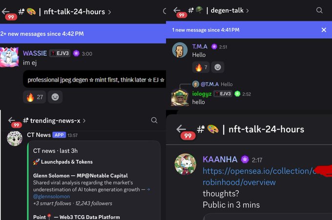 A screenshot of Discord channels shows activity in #nft-talk-24-hours, #degen-talk, and #trending-news-x, where users like WASSIE (EJV3) and KAANHA share NFT and token-related content, including links to OpenSea collections and market analysis from Glenn Solomon, while a new member T.M.A introduces himself—aligning with the post's mention of community growth, welcoming new members, and sharing alpha across these crypto-focused channels.