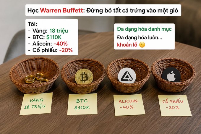 An infographic in Vietnamese showing four baskets with financial assets labeled 'VÀNG 18 TRIỆU', 'BTC $110K', 'ALICOIN -40%', and 'CỔ PHIẾU -20%', discussing portfolio diversification with a reference to 'Warren Buffett'.