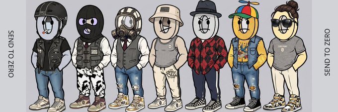 An illustrated lineup of seven cartoon characters wearing various streetwear outfits including biker gear, gas masks, plaid shirts, and caps, with 'SEND TO ZERO' text on both sides.