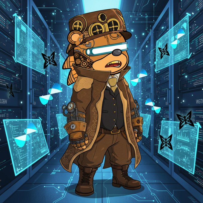 A steampunk-styled anthropomorphic bear wearing a top hat with goggles, a trench coat, and mechanical arm attachments stands in a server room with holographic butterfly displays and data screens.