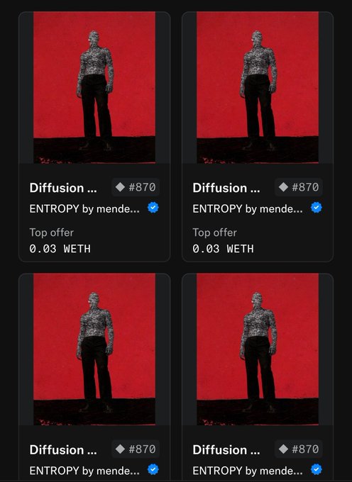 Four NFT listings titled 'Diffusion' by mende... #870 from the 'ENTROPY' collection, each showing a figure made of code against a red background with a top offer of 0.03 WETH.