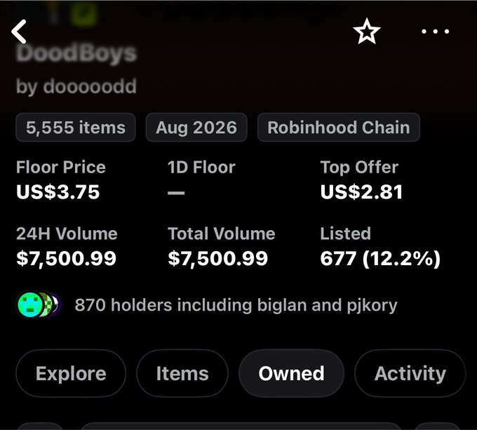 A mobile app interface for an NFT collection called 'DoodBoys' on Robinhood Chain, showing 5,555 items, a floor price of US$3.75, and 870 holders.