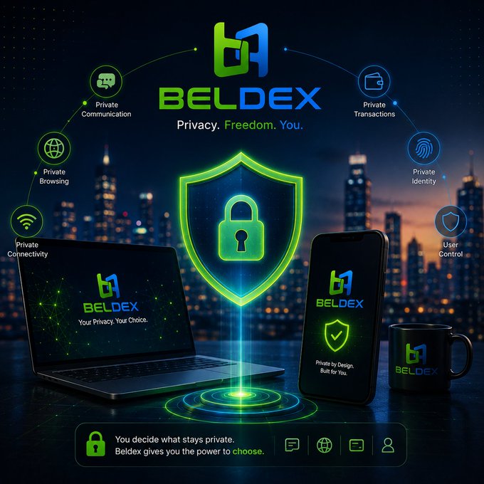 A promotional graphic for 'BELDEX' featuring a shield and padlock icon, with the tagline 'Privacy. Freedom. You.' and features like Private Communication, Private Browsing, Private Identity, and Private Transactions displayed around a laptop, phone, and coffee mug.