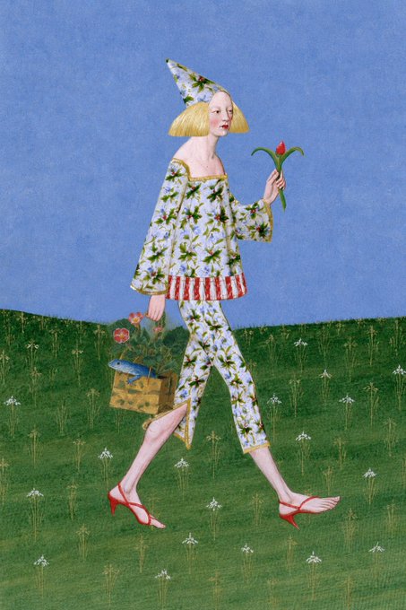 A whimsical illustration depicts a slender figure in a floral-patterned outfit and pointed hat walking through a grassy field dotted with small white flowers, holding a single red tulip while carrying a basket of plants. The accompanying post references "Lord Lizardbag on @objktcom," suggesting this artwork is a digital collectible by an artist operating under that name on the Objkt platform.