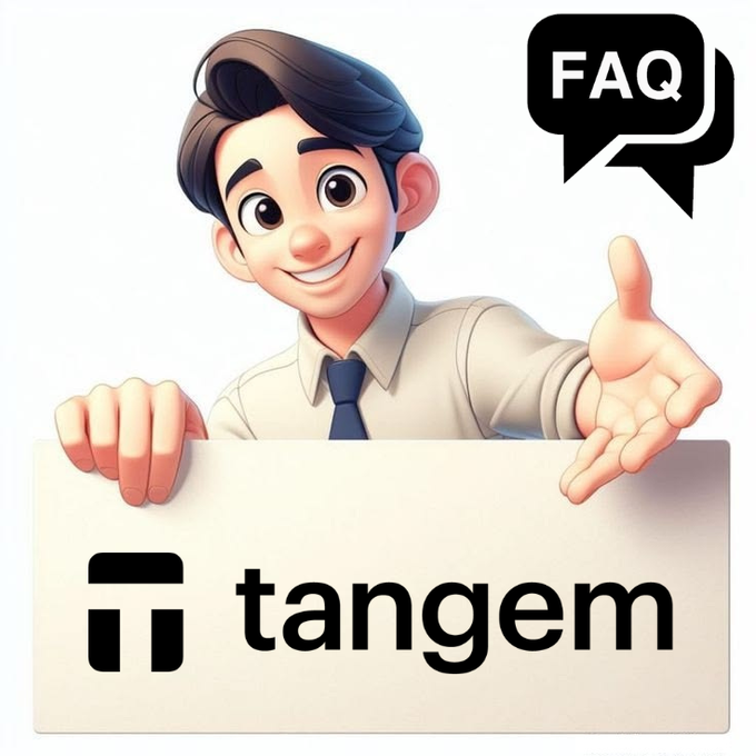 A cartoon illustration of a smiling man in a shirt and tie holding a sign that reads 'tangem', with an 'FAQ' speech bubble icon in the corner.