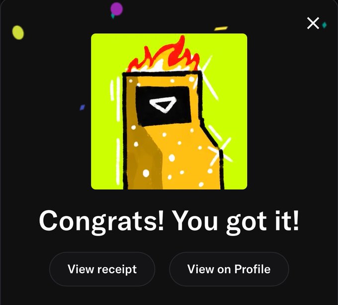 A digital receipt/confirmation screen with the text 'Congrats! You got it!' above buttons for 'View receipt' and 'View on Profile', featuring a yellow character with a play button face.