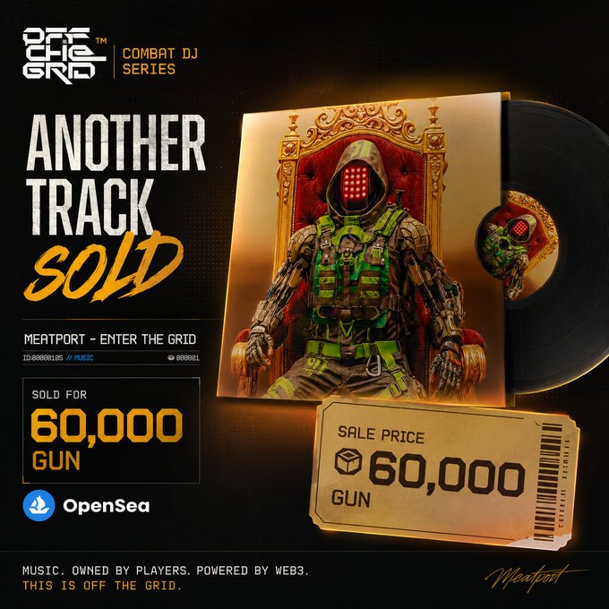 An NFT sale announcement for 'OFF THE GRID' Combat DJ Series, showing 'MEATPORT - ENTER THE GRID' sold for 60,000 GUN on OpenSea, featuring a figure on a throne and a vinyl record.