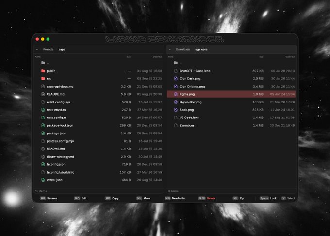 A file manager interface titled 'LIFENE FILE MANAGER' showing project files for 'capa' and 'app icons' against a cosmic background.