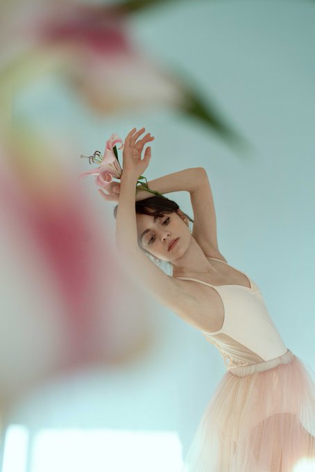 A ballerina in a white and pink tutu poses gracefully with a flower above her head against a pale background.