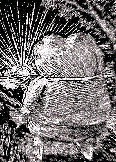 A black-and-white engraving-style illustration depicts a rounded, solitary figure seen from behind, gazing out at a radiant sun rising or setting over a landscape, framed by dark foliage on the sides. The scene's quiet, contemplative mood complements the accompanying "Gm" post, suggesting a reflective "good morning" greeting as the figure embraces the start of a new day.