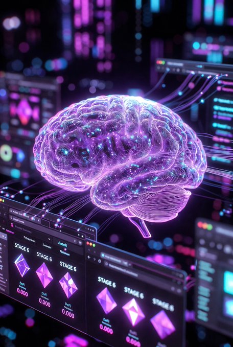 The image features a purple computer screen displaying a 3D rendering of a human brain. The brain is connected to various other screens that display different data points such as stages, diamonds, and progress bars. The text in the image suggests that the brain's memory is persistent, allowing it to remember every session as if it were a continuous process. This persistence can be seen through the growth of diamonds on the screen, which represent the brain's ability to retain information over time. The post also mentions that the brain's memory is rewarded with growing diamonds each time it enters Stage 6, indicating that consistent activity leads to progress and growth in its cognitive abilities.