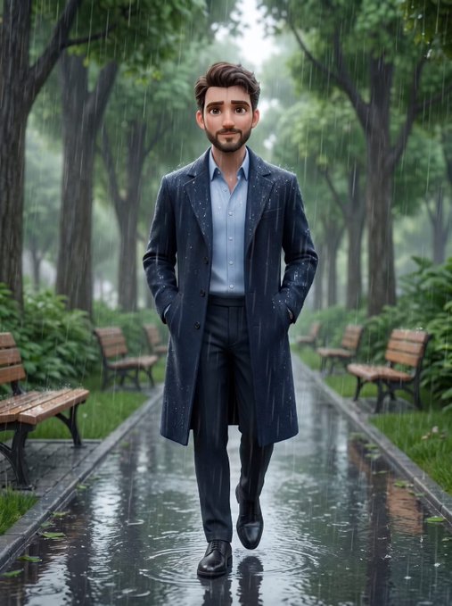 A stylized digital illustration shows a bearded man in a dark overcoat walking down a rain-soaked path lined with park benches and trees.