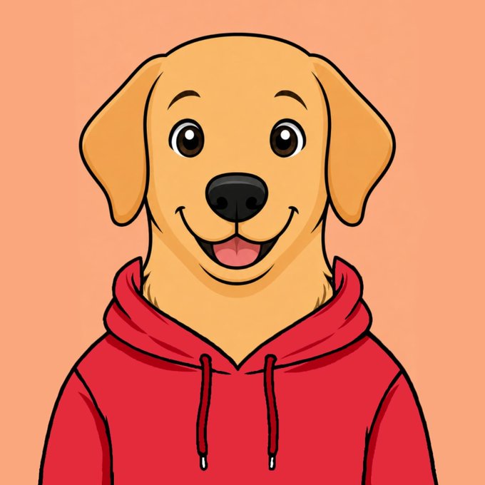 A cartoon illustration of a smiling golden dog wearing a red hoodie against a peach-colored background.