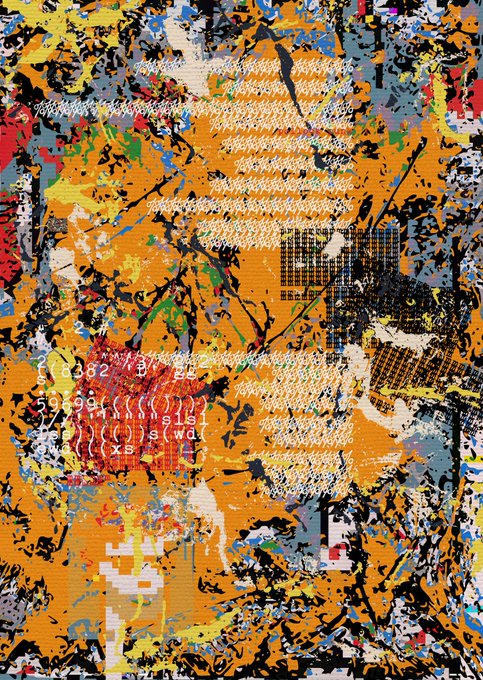 An abstract, vibrant artwork in the style of Jackson Pollock's drip painting, featuring chaotic splatters of orange, yellow, red, and black paint layered over glitchy digital elements like code fragments ("()()((()))(}{", "(99", "))", "wd") and pixelated grid patterns. The chaotic, punk aesthetic directly matches the title "Pollock Punk," reflecting the energetic blend of traditional abstract expressionism with digital/cyberpunk visual noise.