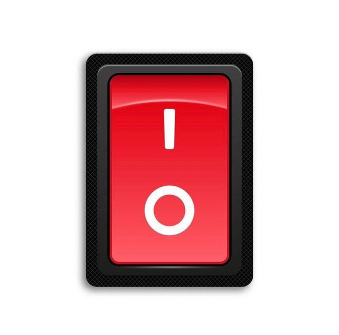 A digital illustration of a red power switch button set against a black textured background.
